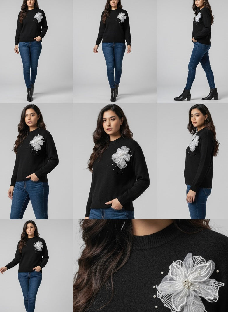 Noir Blossom Statement Sweater - FREE SIZE