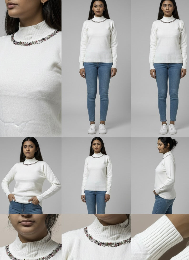 Ruby Gemstone White Sweater - FREE SIZE