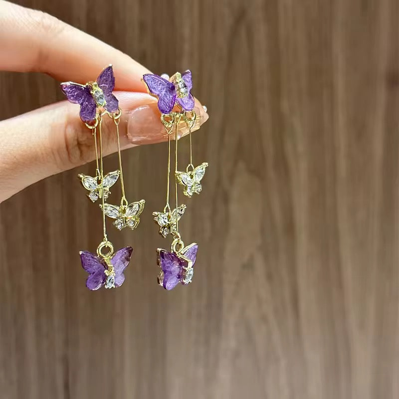 Purple Flutter Butterfly Handcrafted Cascade Earrings