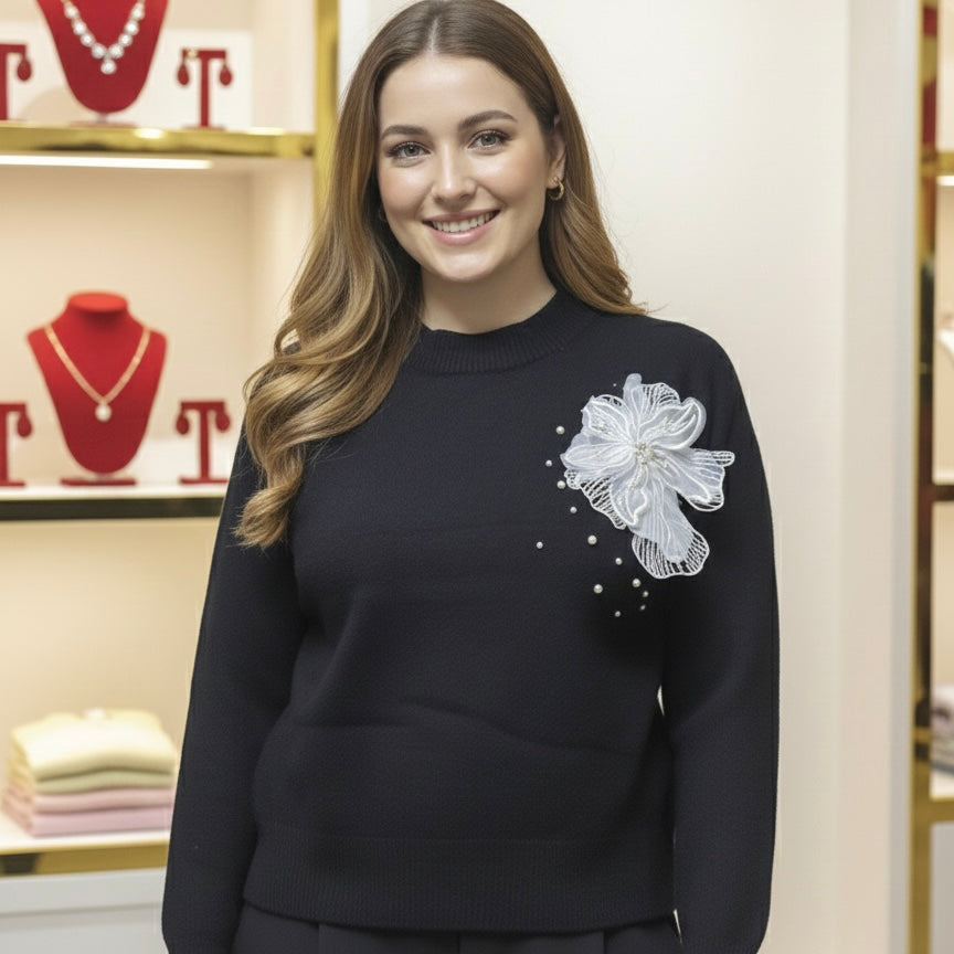 Noir Blossom Statement Sweater - FREE SIZE