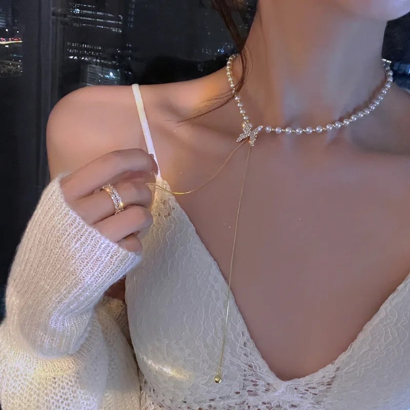 Flutteré Crystal Butterfly Pearl Necklace with Elegant Gold Drop Chain