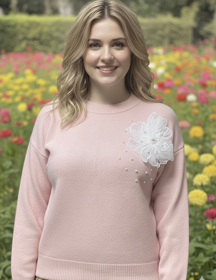 Baby Pink Blossom Statement Sweater - FREE SIZE