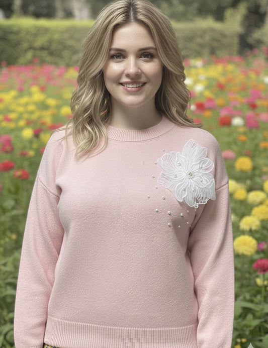 Baby Pink Blossom Statement Sweater - FREE SIZE