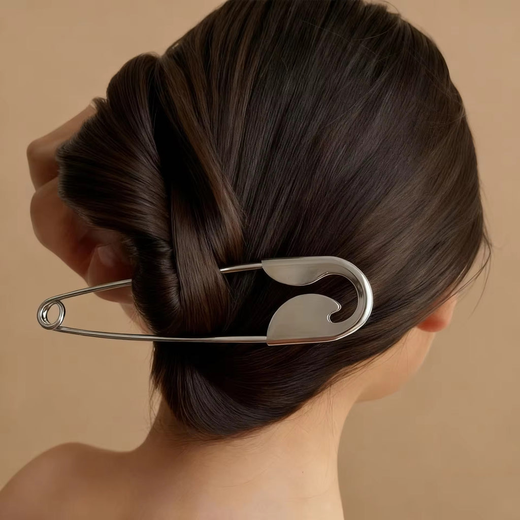Original Minimalist Oversized Safety Pin Hair Stick Bun Holder – Silver Tone Hair Accessory