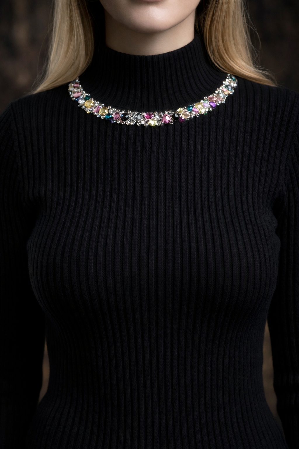 Noir Rhinestones Black Sweater - FREE SIZE