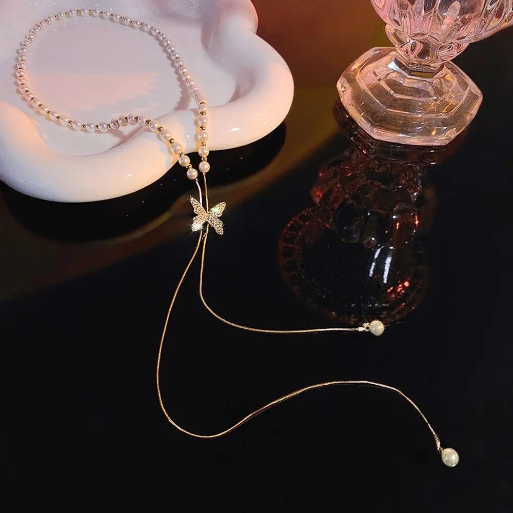 Flutteré Crystal Butterfly Pearl Necklace with Elegant Gold Drop Chain