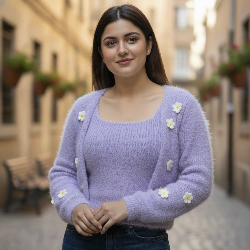 Lilac Bloom Cardigan Set - FREE SIZE