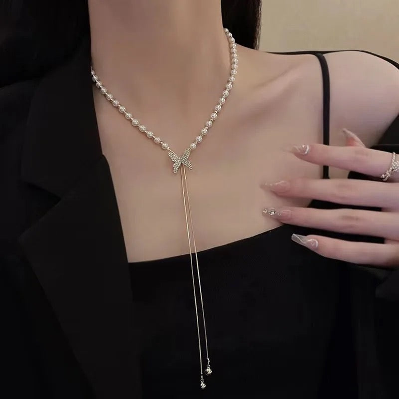 Flutteré Crystal Butterfly Pearl Necklace with Elegant Gold Drop Chain