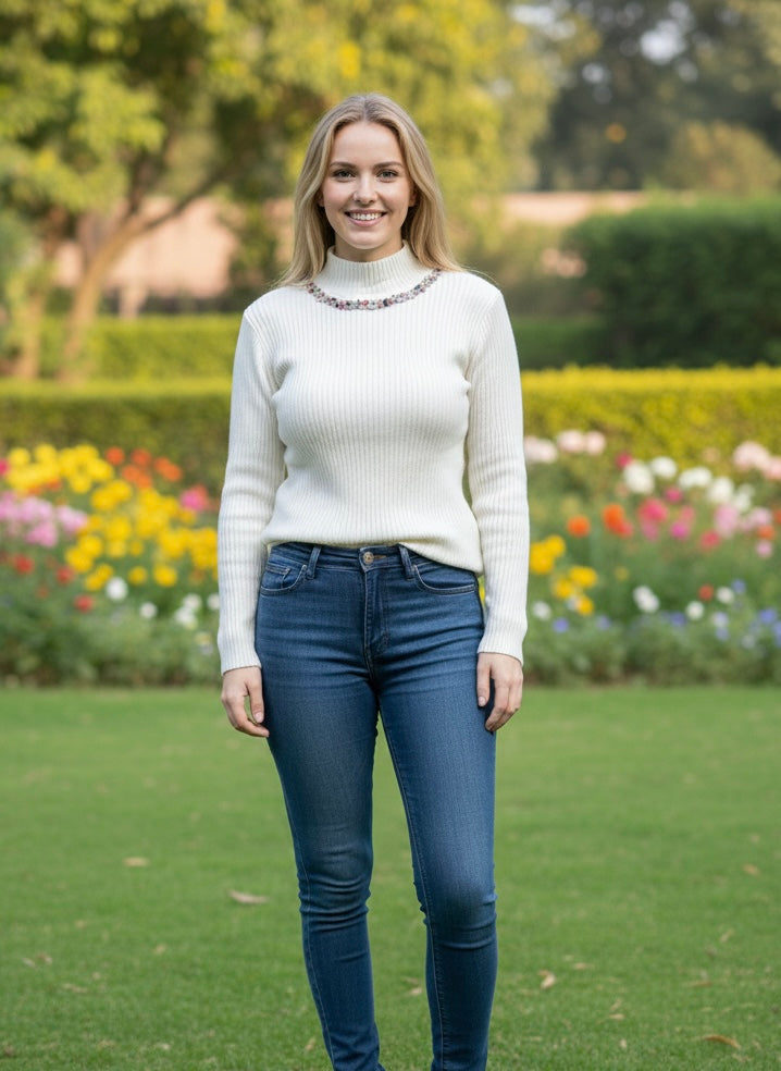 Ruby Gemstone White Sweater - FREE SIZE