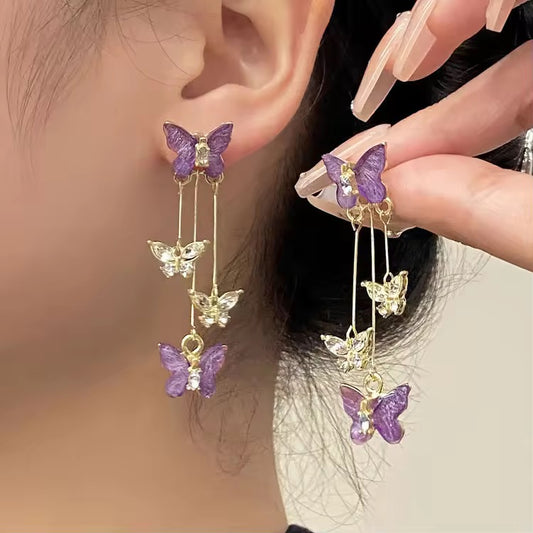 Purple Flutter Butterfly Handcrafted Cascade Earrings