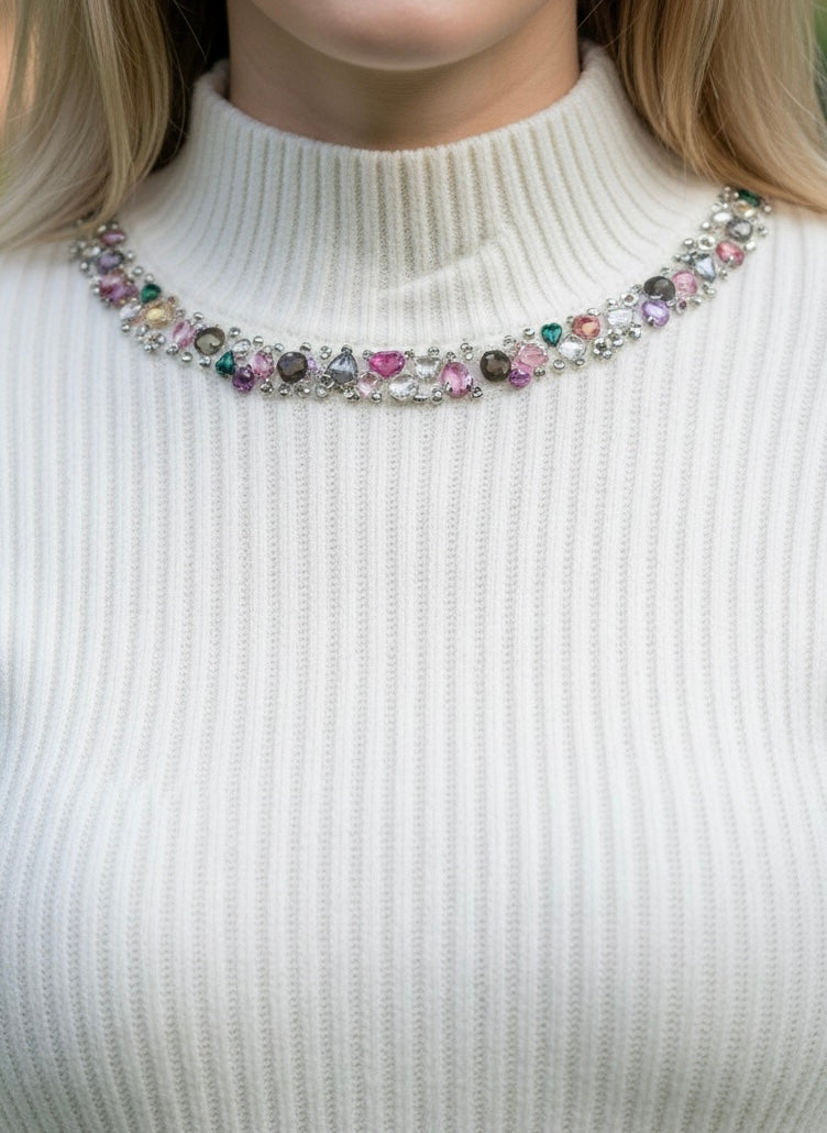 Ruby Gemstone White Sweater - FREE SIZE