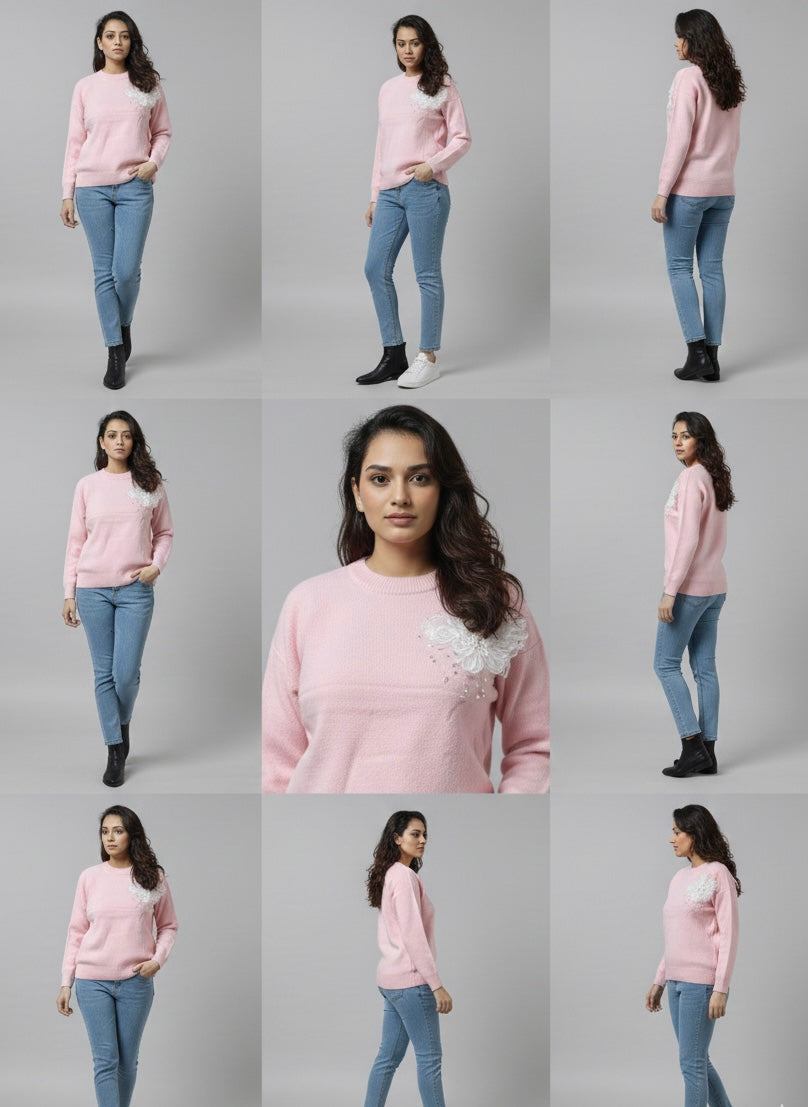 Baby Pink Blossom Statement Sweater - FREE SIZE