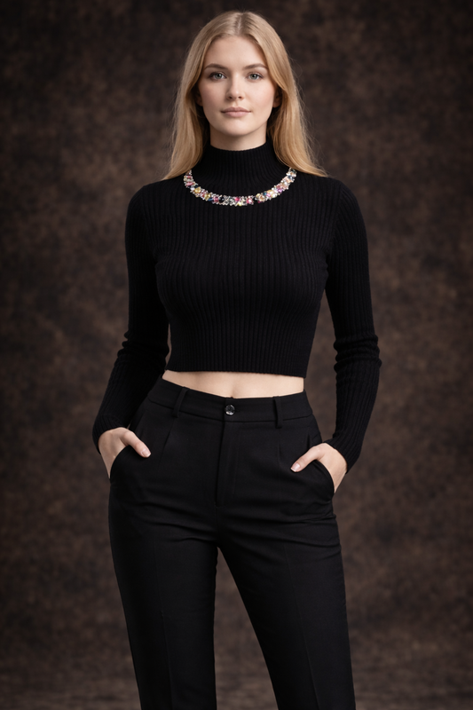 Noir Rhinestones Black Sweater - FREE SIZE