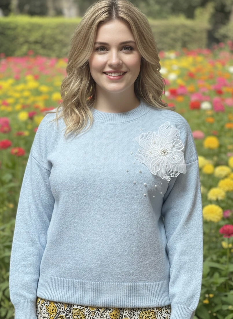 Sky Blue Blossom Statement Sweater - FREE SIZE