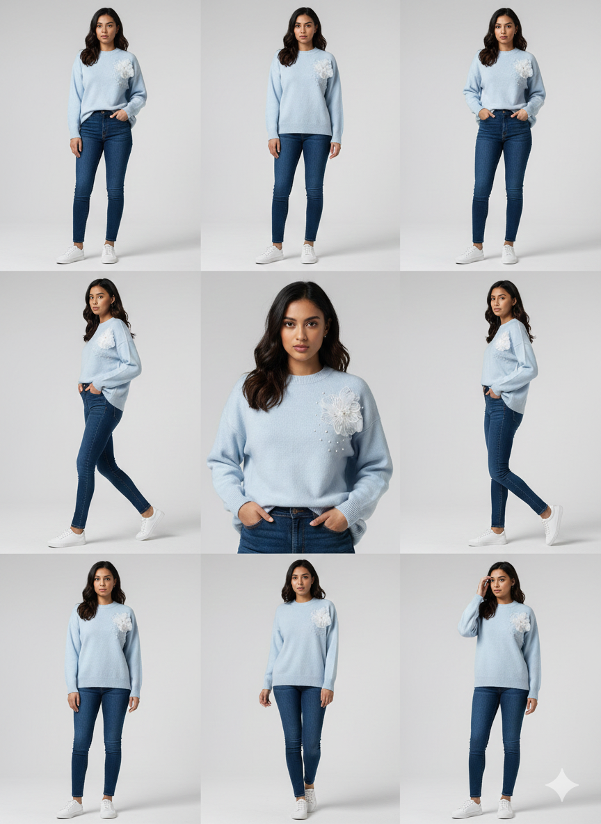 Sky Blue Blossom Statement Sweater - FREE SIZE