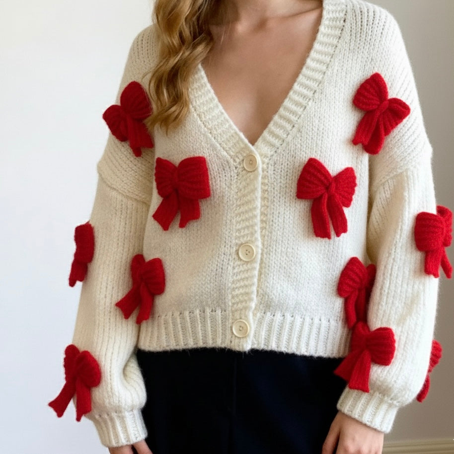Bow-Knot Chunky Knit Cardigan - Free Size
