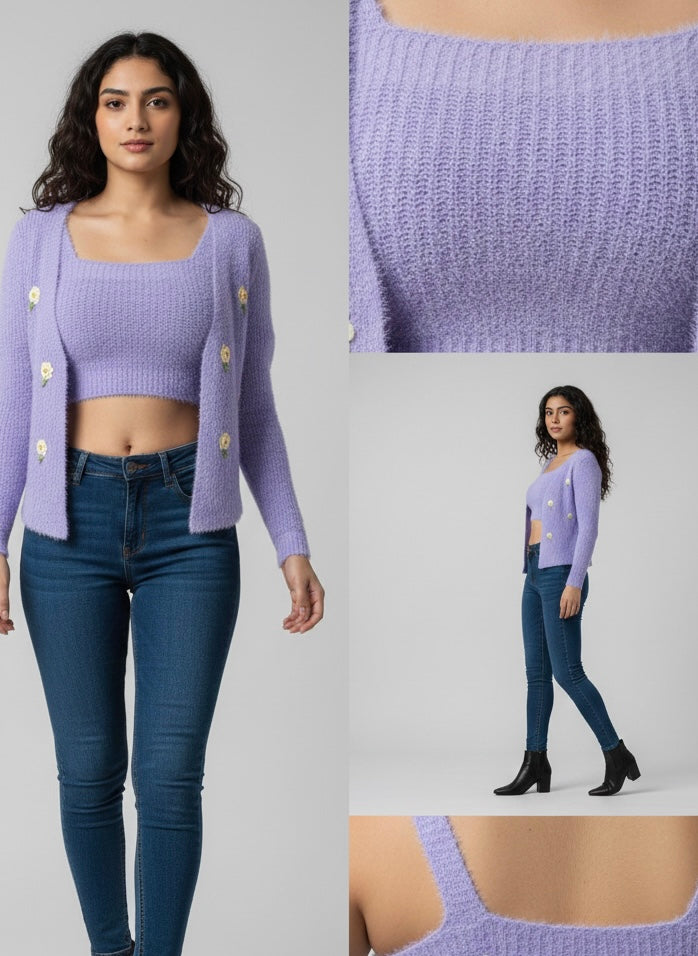 Lilac Bloom Cardigan Set - FREE SIZE