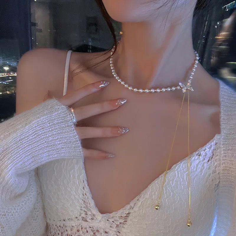 Flutteré Crystal Butterfly Pearl Necklace with Elegant Gold Drop Chain