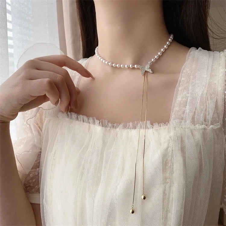 Flutteré Crystal Butterfly Pearl Necklace with Elegant Gold Drop Chain