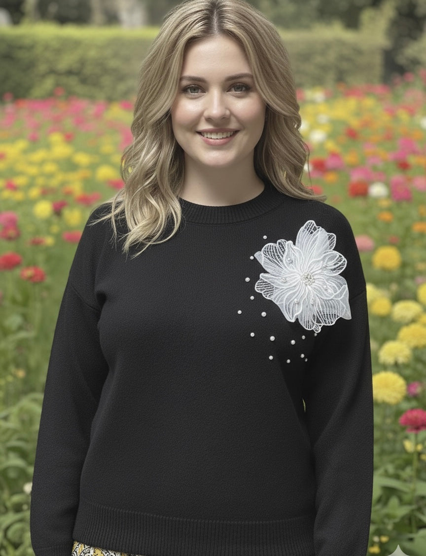 Noir Blossom Statement Sweater - FREE SIZE