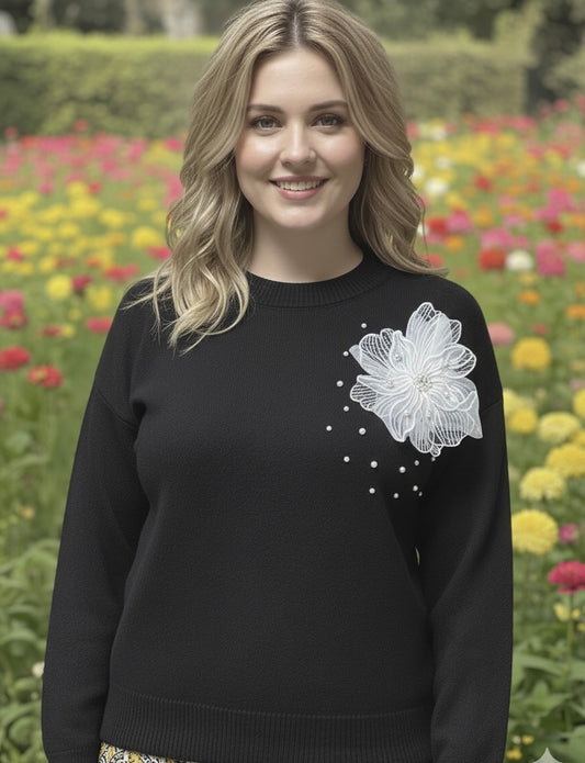 Noir Blossom Statement Sweater - FREE SIZE