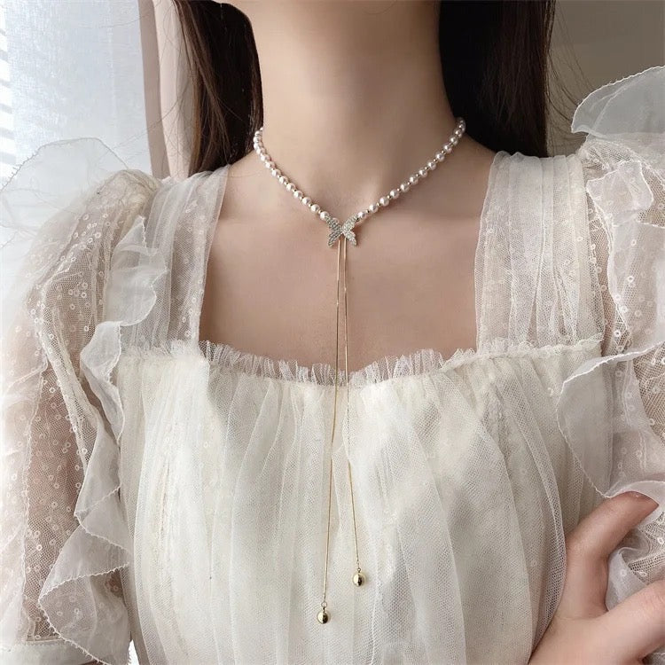 Flutteré Crystal Butterfly Pearl Necklace with Elegant Gold Drop Chain