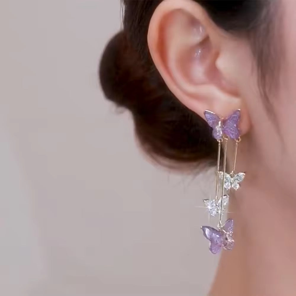 Purple Flutter Butterfly Handcrafted Cascade Earrings