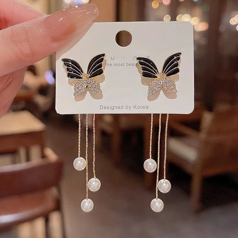 Plated Butterfly Stud With Detachable Pearl Tasseled Korean Earring