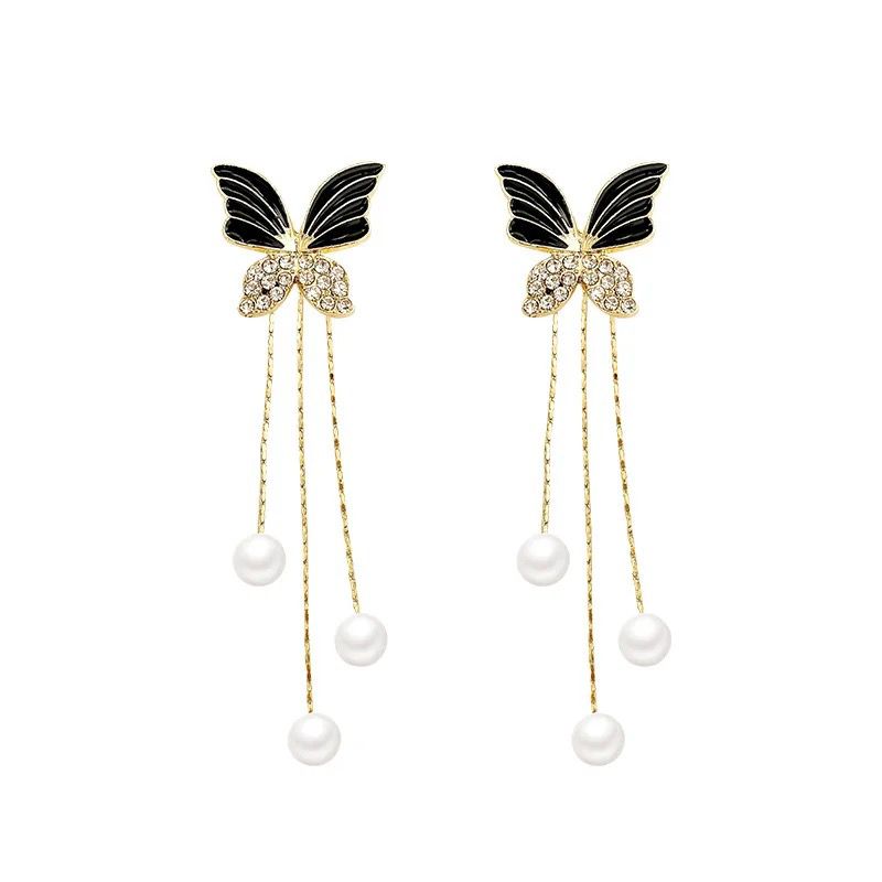 Plated Butterfly Stud With Detachable Pearl Tasseled Korean Earring