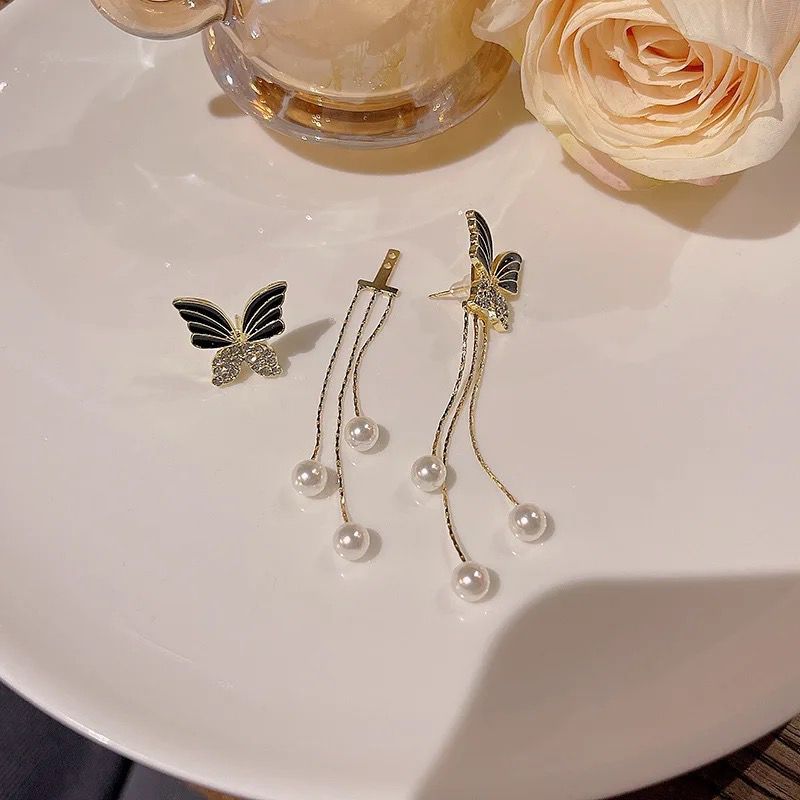 Plated Butterfly Stud With Detachable Pearl Tasseled Korean Earring