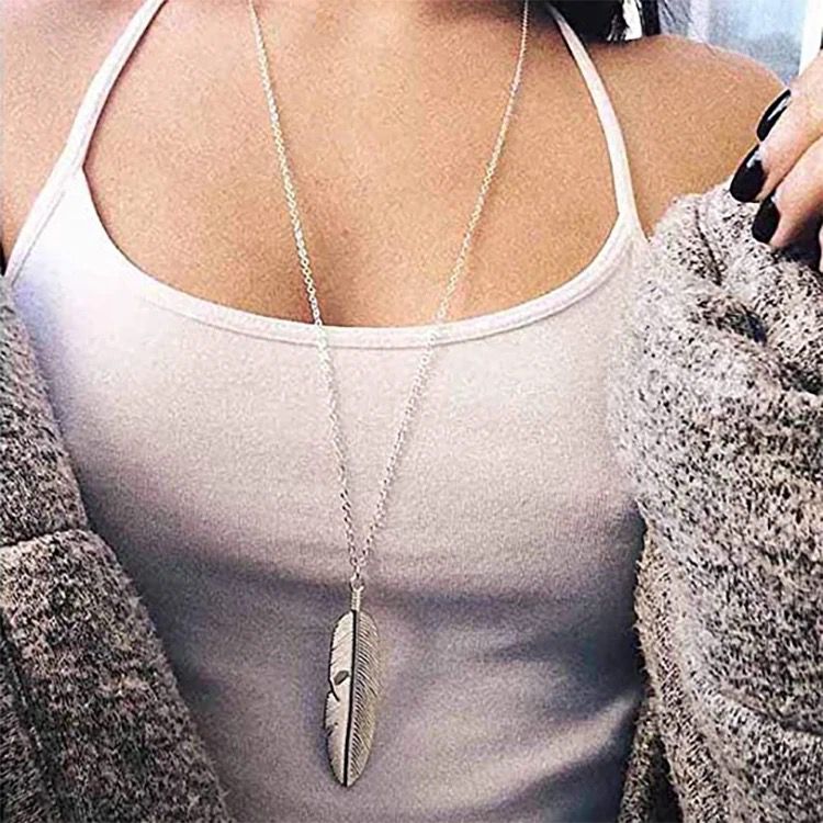 Long Silver Leaf Pendant Necklace, Leaf Pendant, Layering Necklace