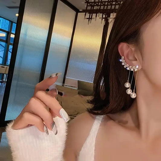 Korean Gold-Plated Zircon Studded Ear Cuff With Pearl Tassel Long Earrings For Women And Girls 2Pcs/Set